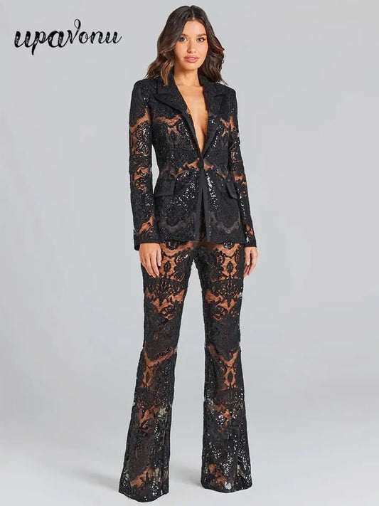 Hillary Lace Sequined Blazer Pants Set