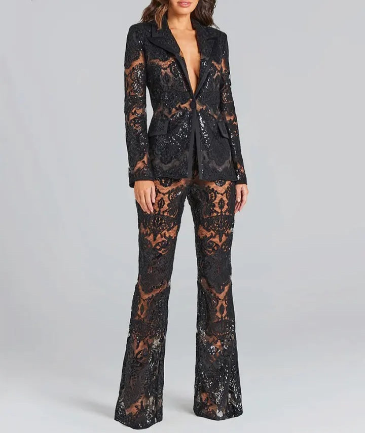 Hillary Lace Sequined Blazer Pants Set