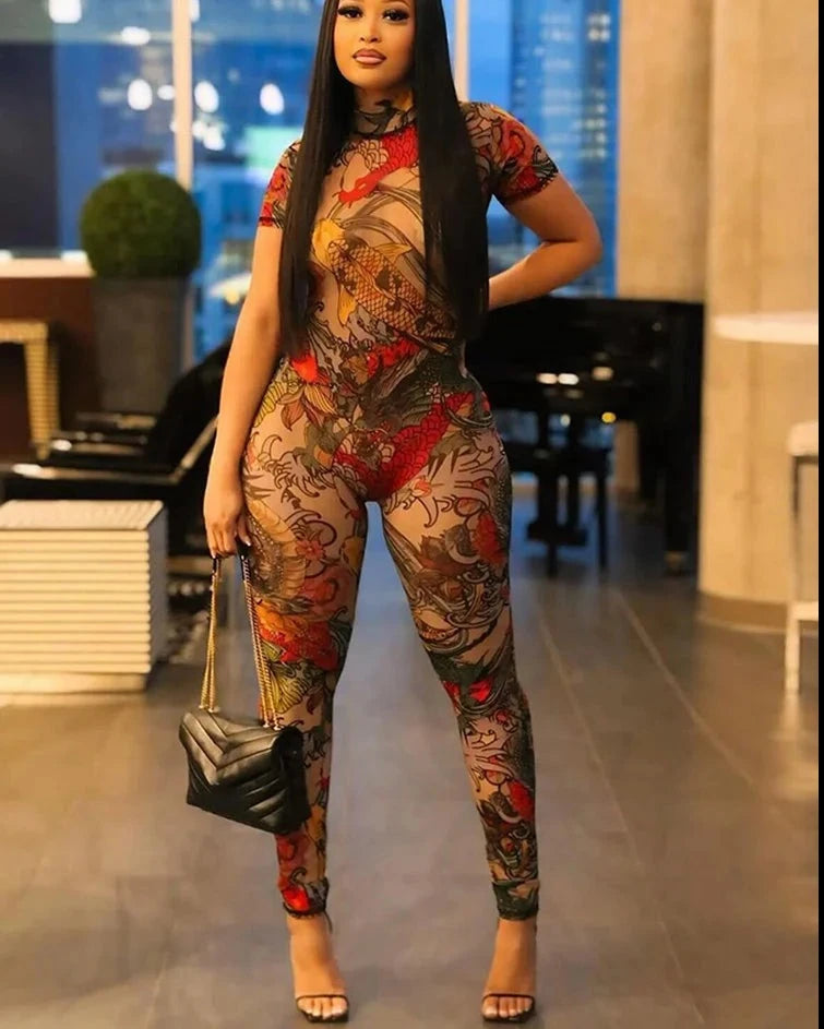 A Print Mesh Jumpsuit Fashion Closet Clothing
