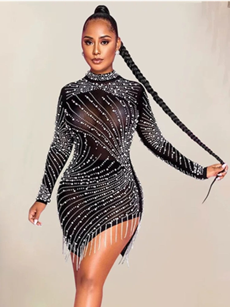 mesh studded dress UO What You Want Studded Mesh Off-The-Shoulder Long Sleeve Mini Dress