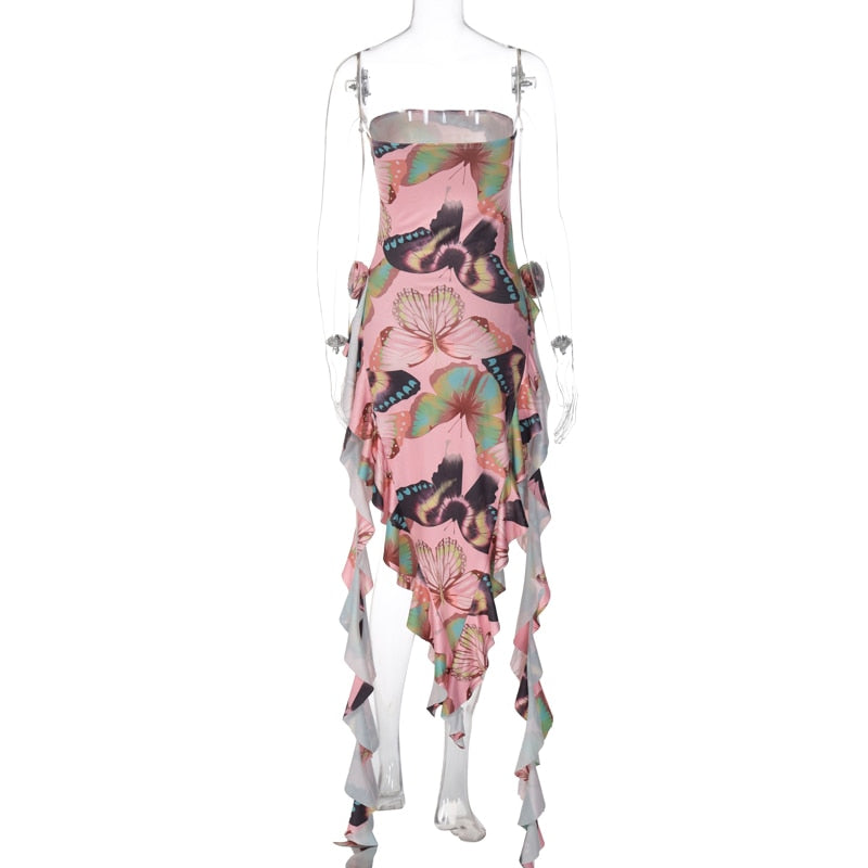 Applique Ruffle Floral Bodycon Midi Dress Fashion Closet Clothing