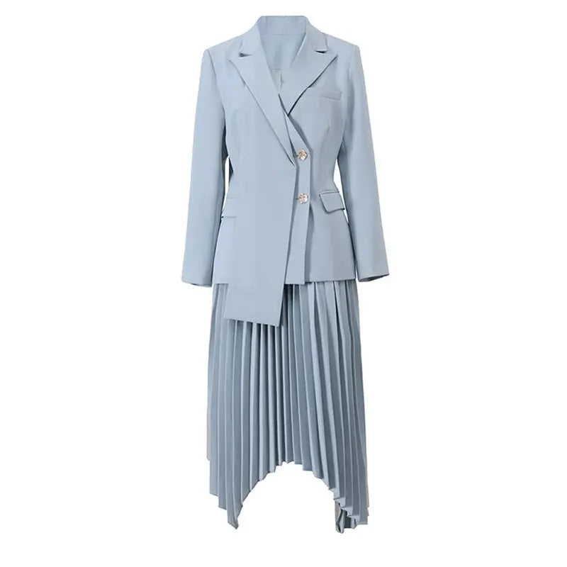 Asymmetric Contrast Pleated Blazer Skirt Set Fashion Closet Clothing