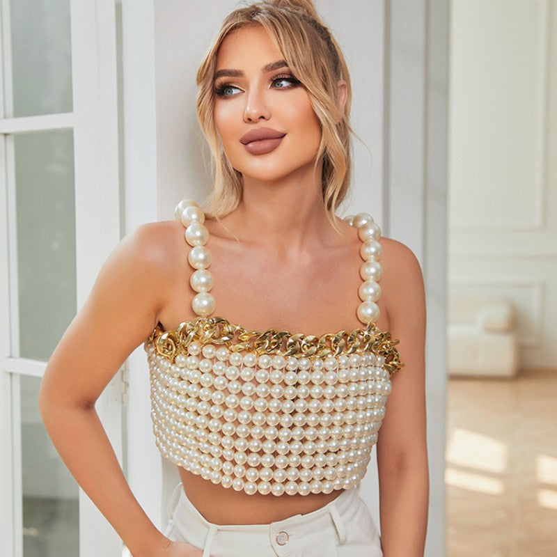 Beaded Pearl Crop Top Fashion Closet Clothing