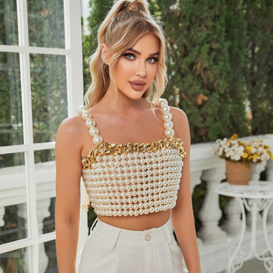 Beaded Pearl Crop Top Fashion Closet Clothing