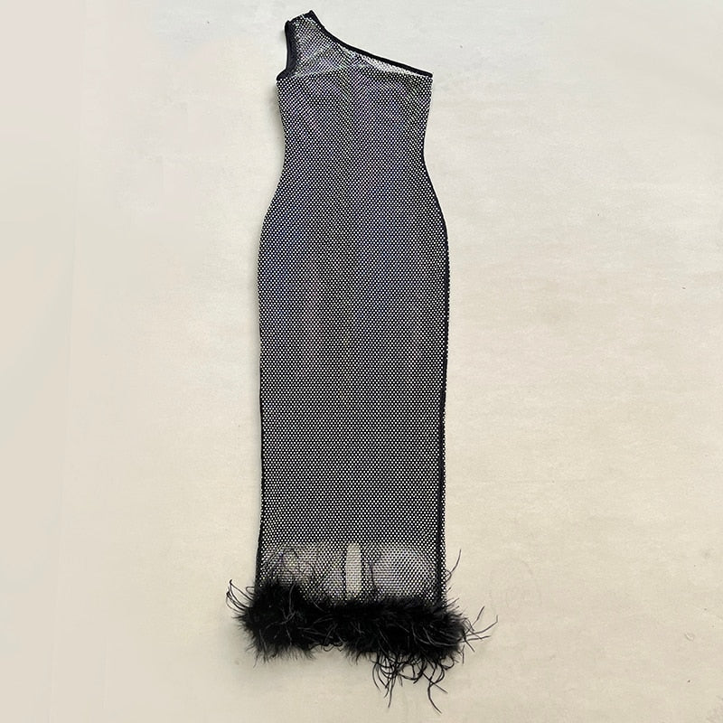Black Diamond Mesh Feather Bandage Dress Fashion Closet Clothing