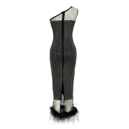 Black Diamond Mesh Feather Bandage Dress Fashion Closet Clothing