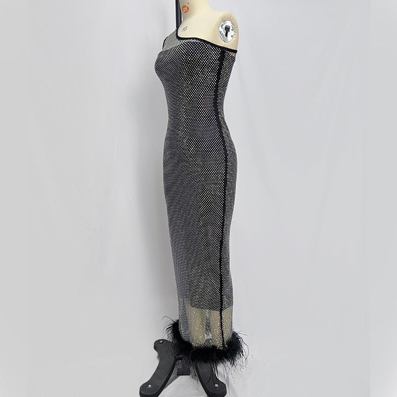 Black Diamond Mesh Feather Bandage Dress Fashion Closet Clothing
