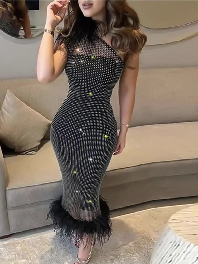 Black Diamond Mesh Feather Bandage Dress Fashion Closet Clothing