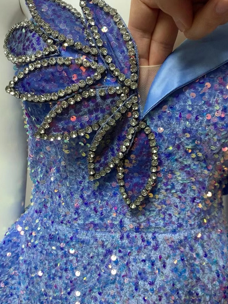 Blue Crystal Sequins Maxi Dress Fashion Closet Clothing