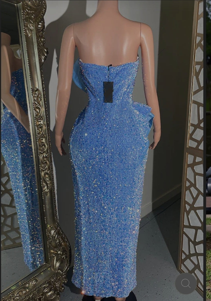 Blue Crystal Sequins Maxi Dress Fashion Closet Clothing