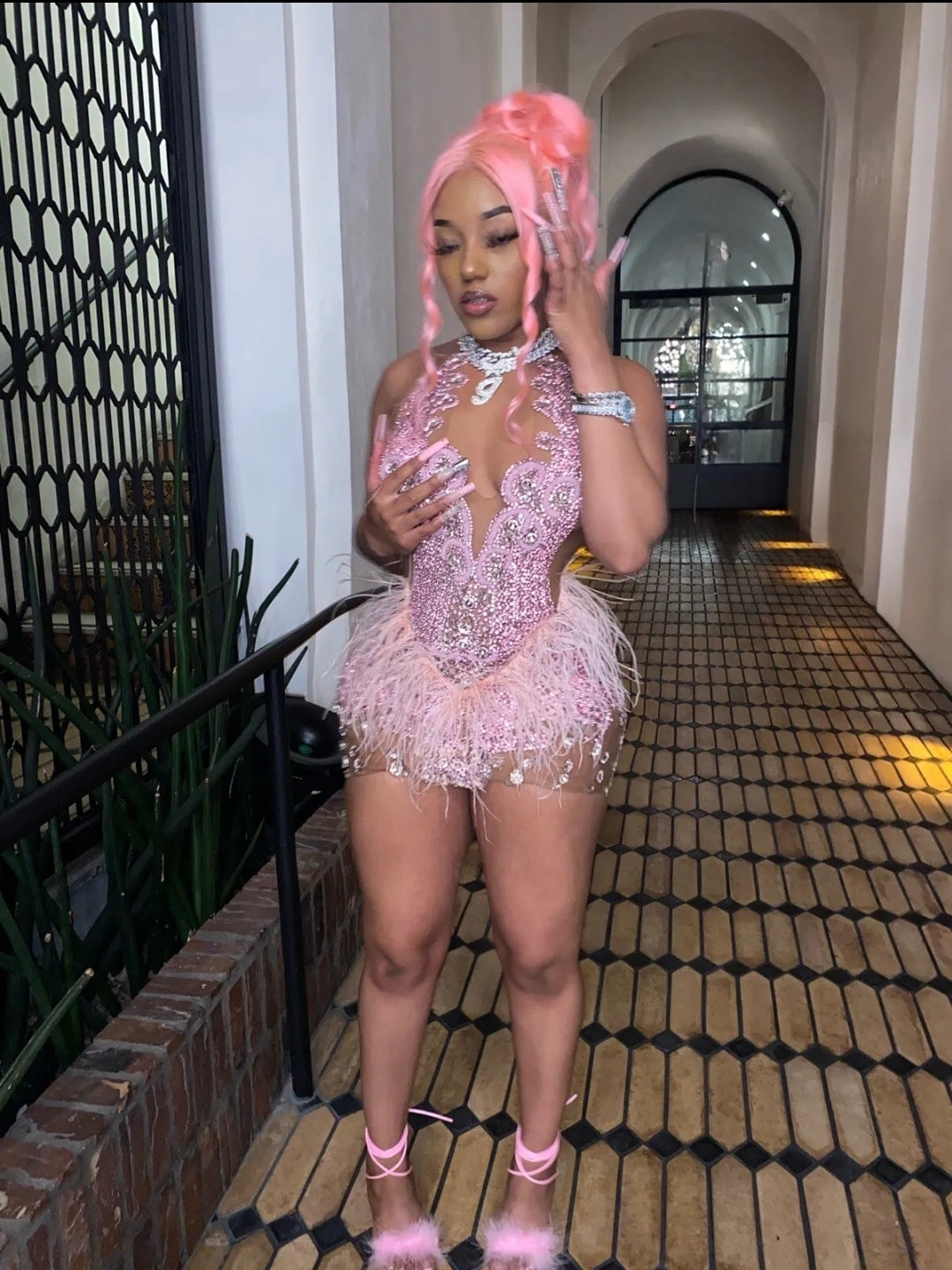 Brenda Mesh Feathers Dress Fashion Closet Clothing