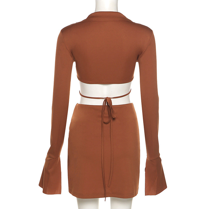 Brown Classy Tie Front Split Skirt Set Fashion Closet Clothing