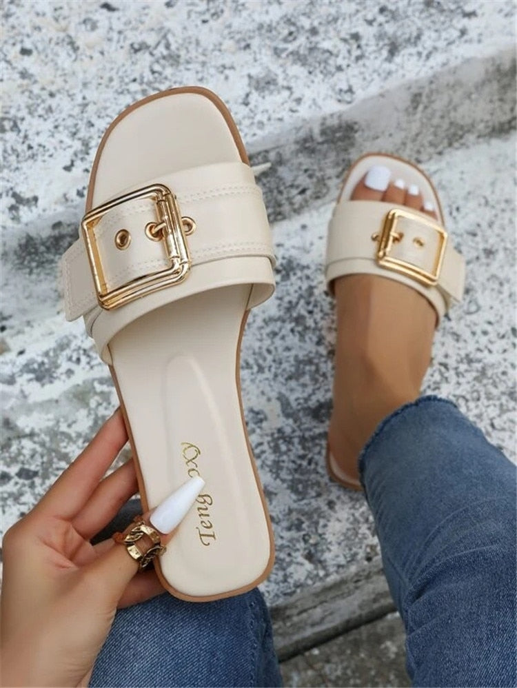 Women's Ruched Flat Slides Solid Color Square Open Toe Shoes - Temu