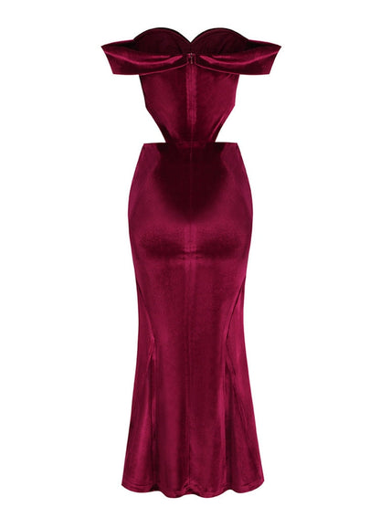 Burgundy Mermaid Velvet Maxi Dress Fashion Closet Clothing