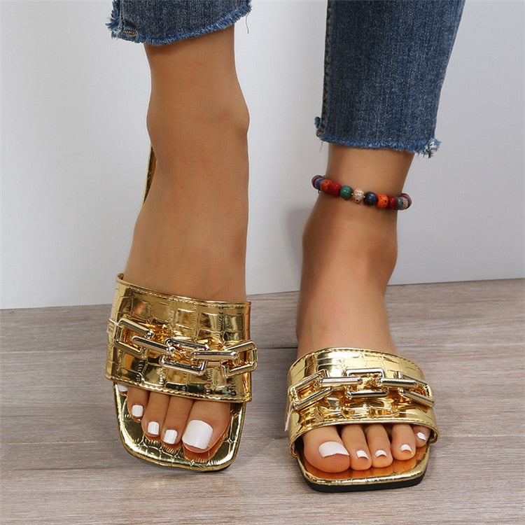 Gold Chain Sandals Buckle Flip Flops Flats with Casual Roman 2023 Summer  Open Toe Female Small Heel Daily Sandalies for Women's - AliExpress