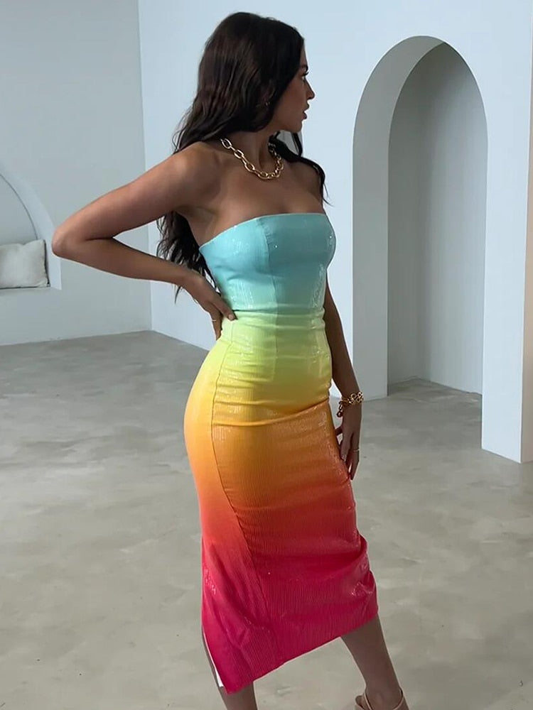 gradient cocktail dress Gradient White Mermaid Square Sheer Evening Dress Long Side Tulle Over SHARONSAID