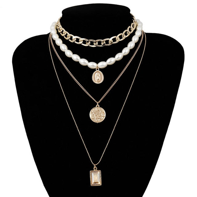 Coin Multi Layer Pearl Choker Necklace Fashion Closet Clothing