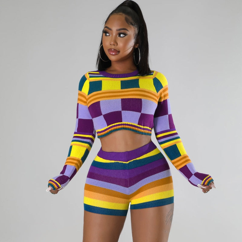 Colorful Knit Sweater Crop Top Short Set Fashion Closet Clothing