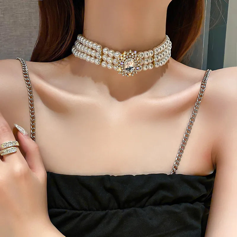 Crystal Pearl Choker Necklace Fashion Closet Clothing