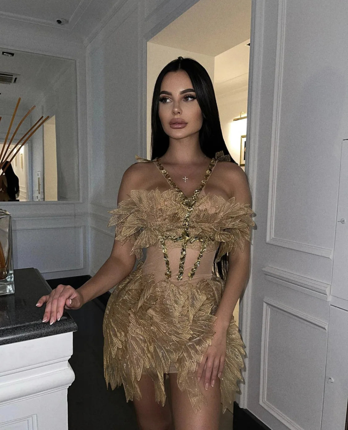 Crystal Swan Mini Dress Fashion Closet Clothing