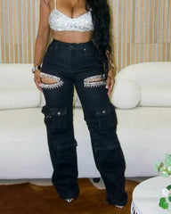Cutout Diamonds Multi Pockets Jeans Fashion Closet Clothing