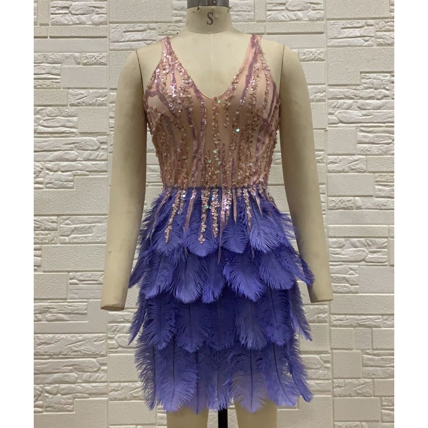 Diamond Feather Mini Dress Fashion Closet Clothing