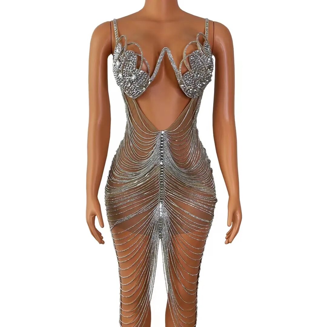 Diamond Tassel Fringe Mesh Dress Fashion Closet Clothing