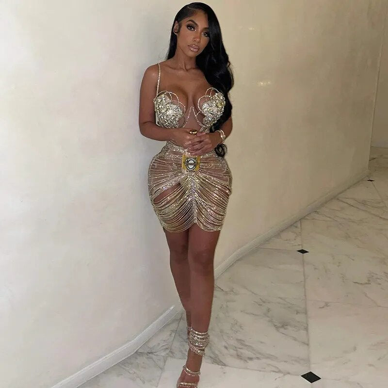 Diamond Tassel Fringe Mesh Dress Fashion Closet Clothing