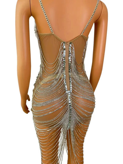 Diamond Tassel Fringe Mesh Dress Fashion Closet Clothing