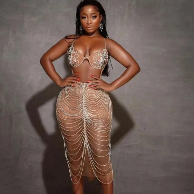 Diamond Tassel Fringe Mesh Dress Fashion Closet Clothing