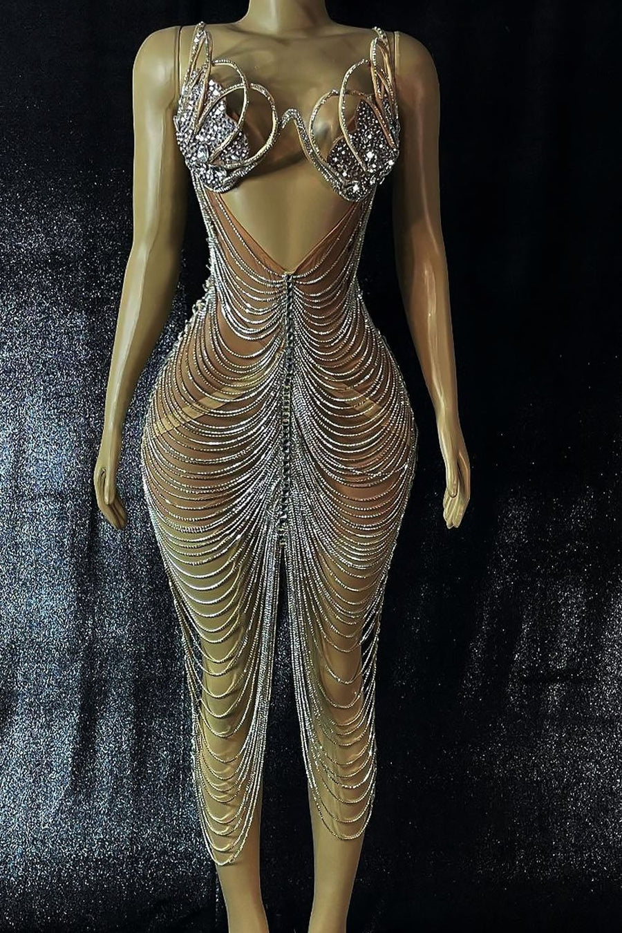 Diamond Tassel Fringe Mesh Dress Fashion Closet Clothing