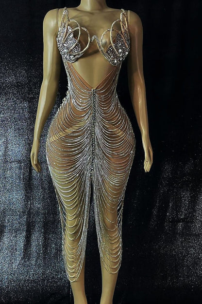 Diamond Tassel Fringe Mesh Dress Fashion Closet Clothing