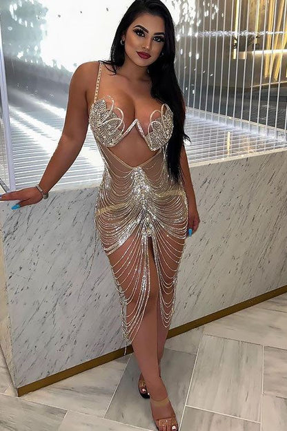 Diamond Tassel Fringe Mesh Dress Fashion Closet Clothing