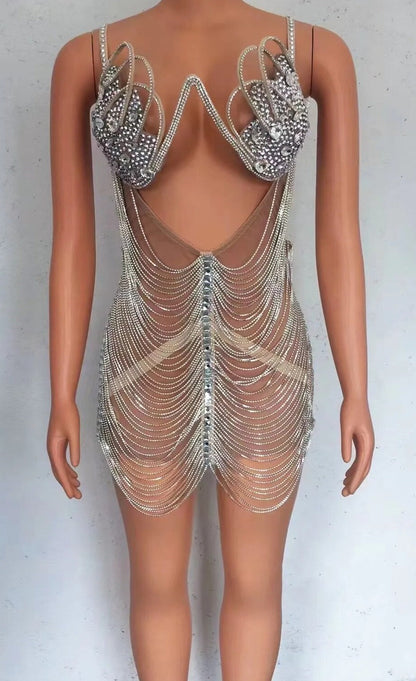 Diamond Tassel Fringe Mesh Dress Fashion Closet Clothing