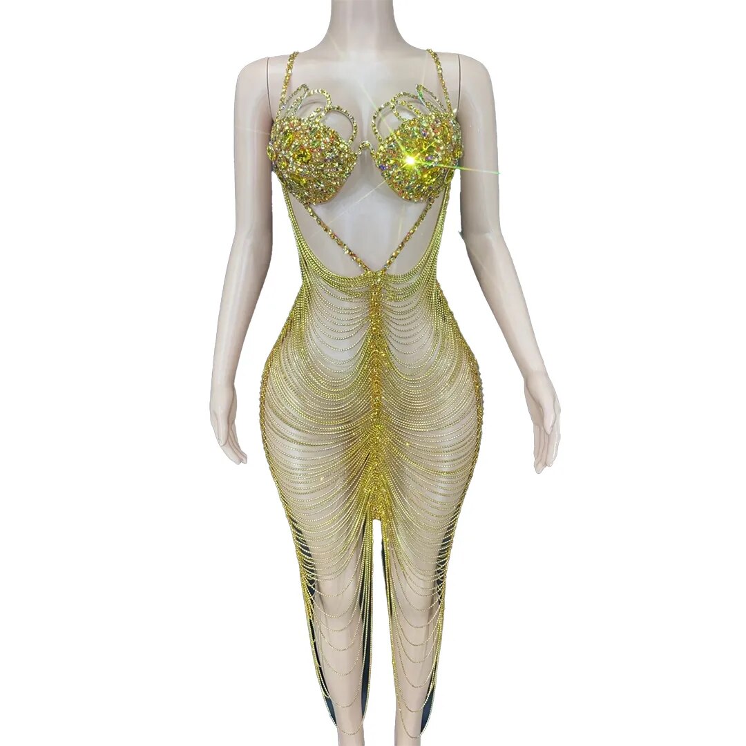 Diamond Tassel Fringe Mesh Dress Fashion Closet Clothing