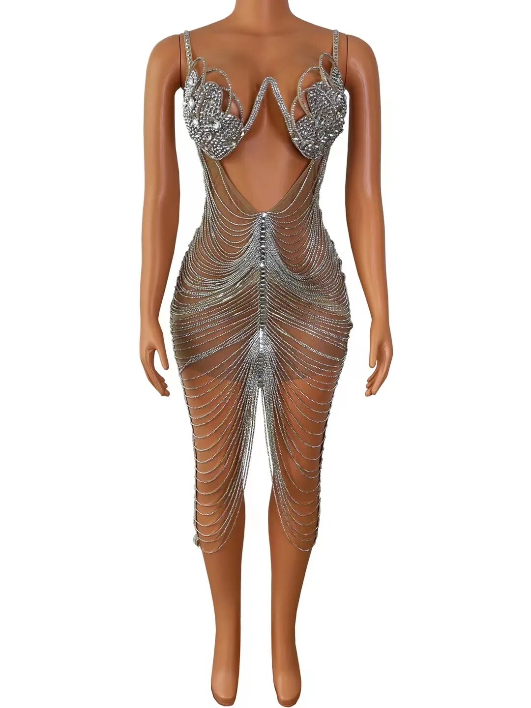 Diamond Tassel Fringe Mesh Dress Fashion Closet Clothing