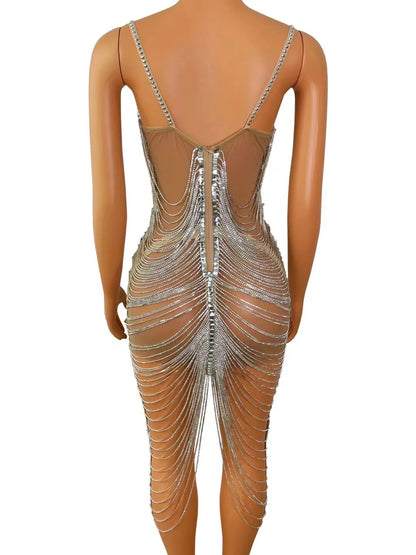 Diamond Tassel Fringe Mesh Dress Fashion Closet Clothing