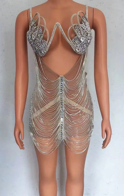 Diamond Tassel Fringe Mesh Dress Fashion Closet Clothing