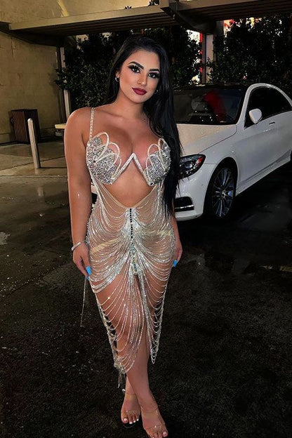 Diamond Tassel Fringe Mesh Dress Fashion Closet Clothing