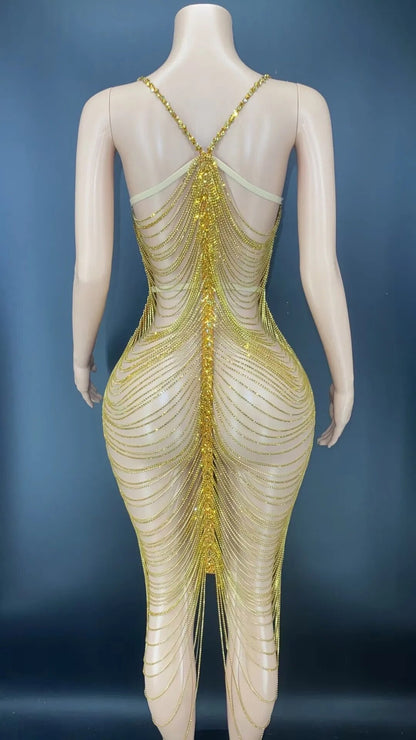 Diamond Tassel Fringe Mesh Dress Fashion Closet Clothing