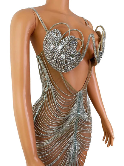 Diamond Tassel Fringe Mesh Dress Fashion Closet Clothing