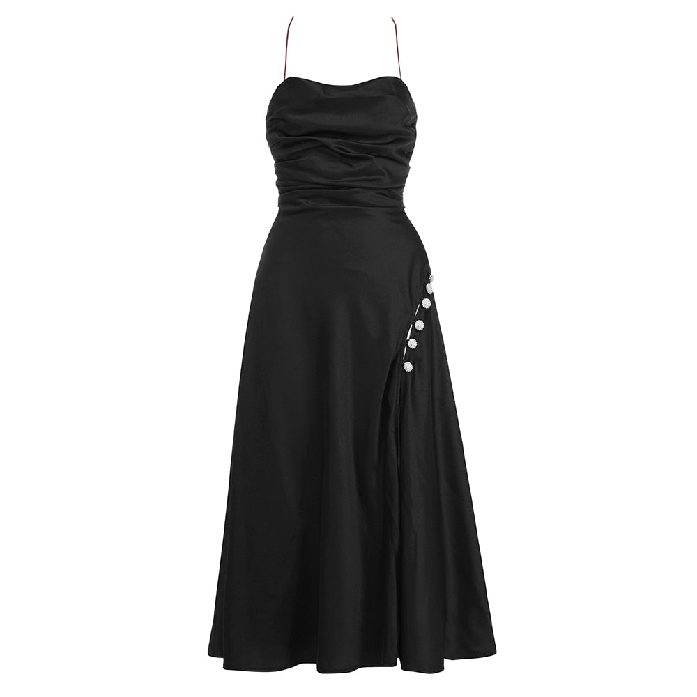 Elegant Satin Slit Midi Dress Fashion Closet Clothing