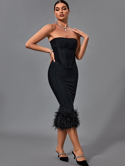 Feather Bandage Dress- Black Fashion Closet Clothing
