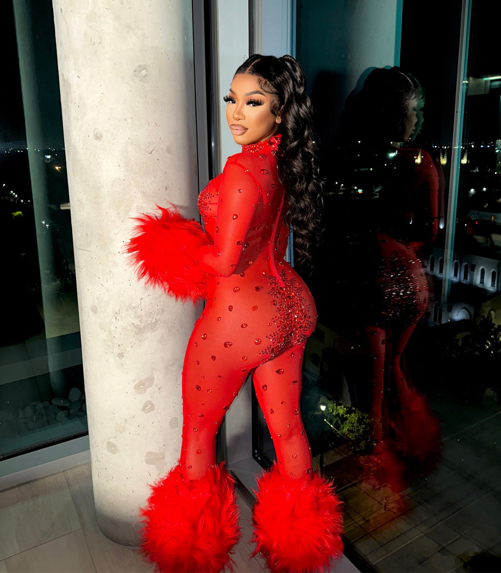 Feather Rhinestone Jumpsuit Fashion Closet Clothing