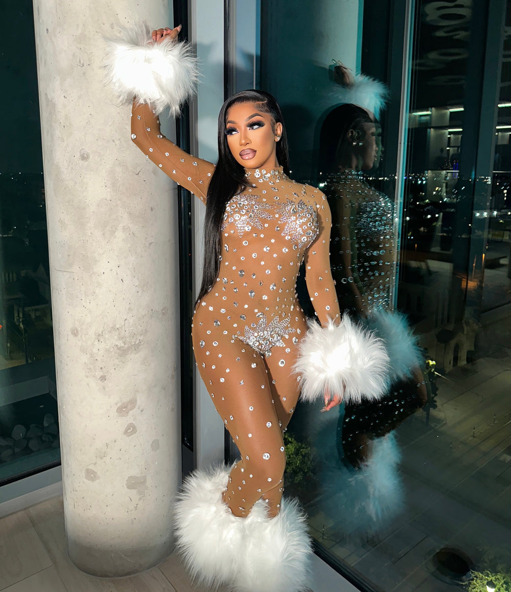 Feather Rhinestone Jumpsuit Fashion Closet Clothing