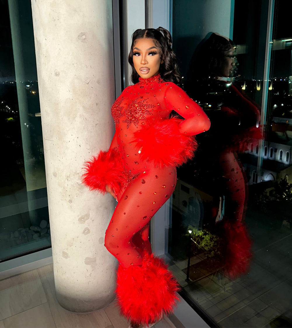 Feather Rhinestone Jumpsuit Fashion Closet Clothing