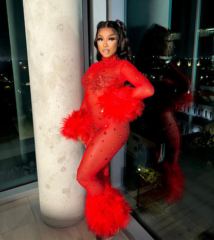 Feather Rhinestone Jumpsuit Fashion Closet Clothing