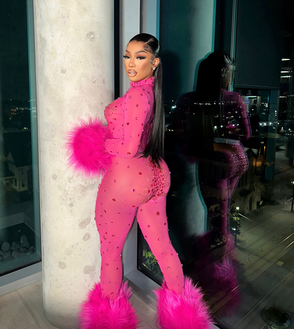 Feather Rhinestone Jumpsuit Fashion Closet Clothing