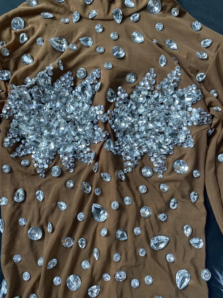 Feather Rhinestone Jumpsuit Fashion Closet Clothing