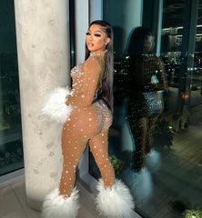 Feather Rhinestone Jumpsuit Fashion Closet Clothing